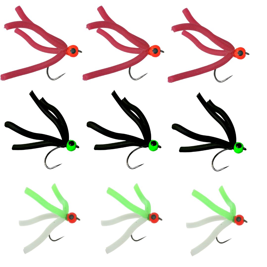 Squirmy Quad Quick Buy - 3 Of Each Colour (9 Flies)